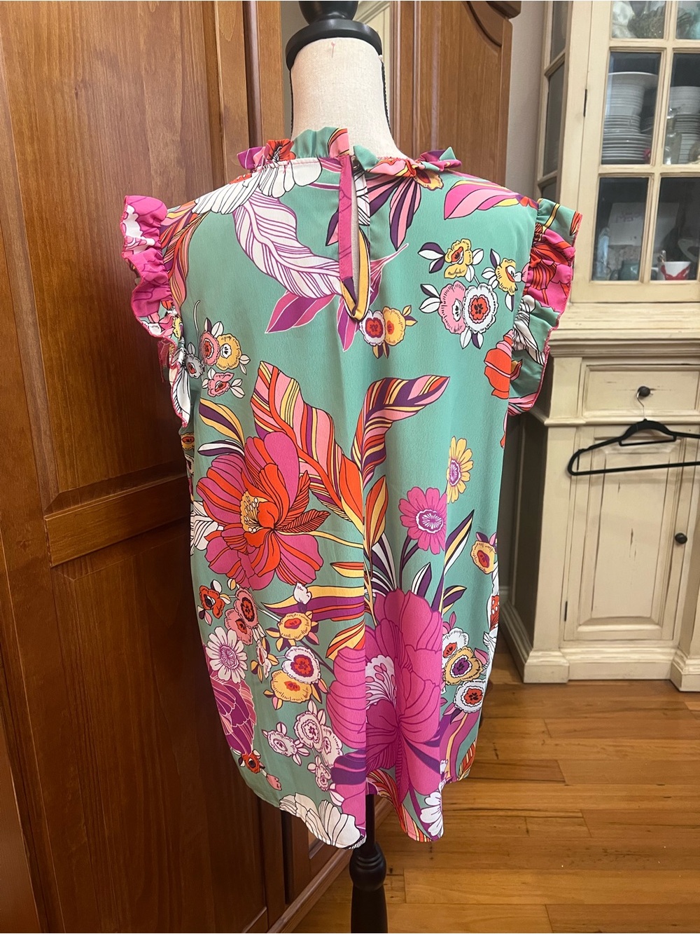 Lovely Melody Teal Floral Ruffle Sleeve Blouse with Pink Accents - Picture 4 of 8